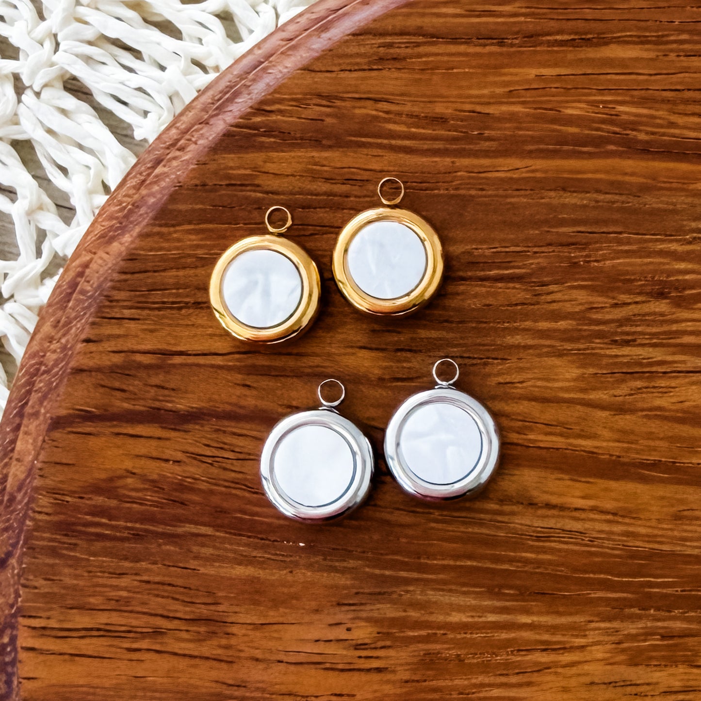 Pearlescent White Circle Stainless Steel Charm (Silver or Gold), 10 Pieces, Charm #7