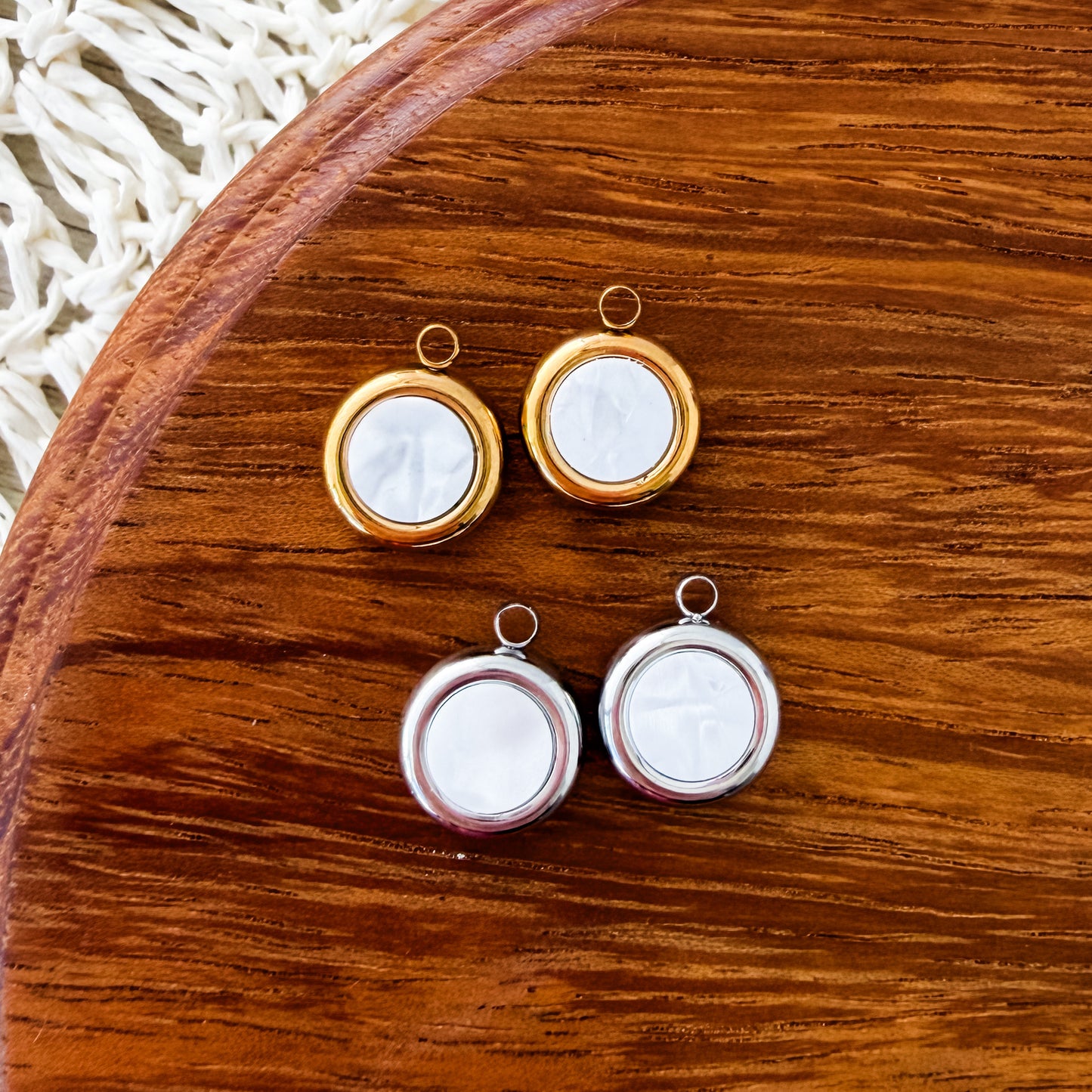 Pearlescent White Circle Stainless Steel Charm (Silver or Gold), 10 Pieces, Charm #7