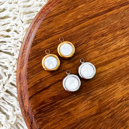 Pearlescent White Circle Stainless Steel Charm (Silver or Gold), 10 Pieces, Charm #7