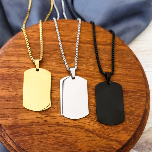 Dog Tag Box Chain Necklace (Silver or Gold), 1 Total, Metal Blank #139