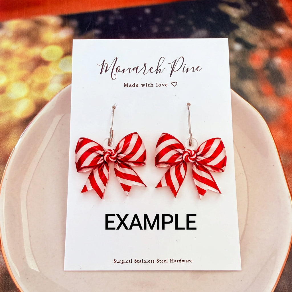 Petite Candy Cane Bow Earring Blank (1 Pair), Acrylic Print & Cut, Laser Blank #122