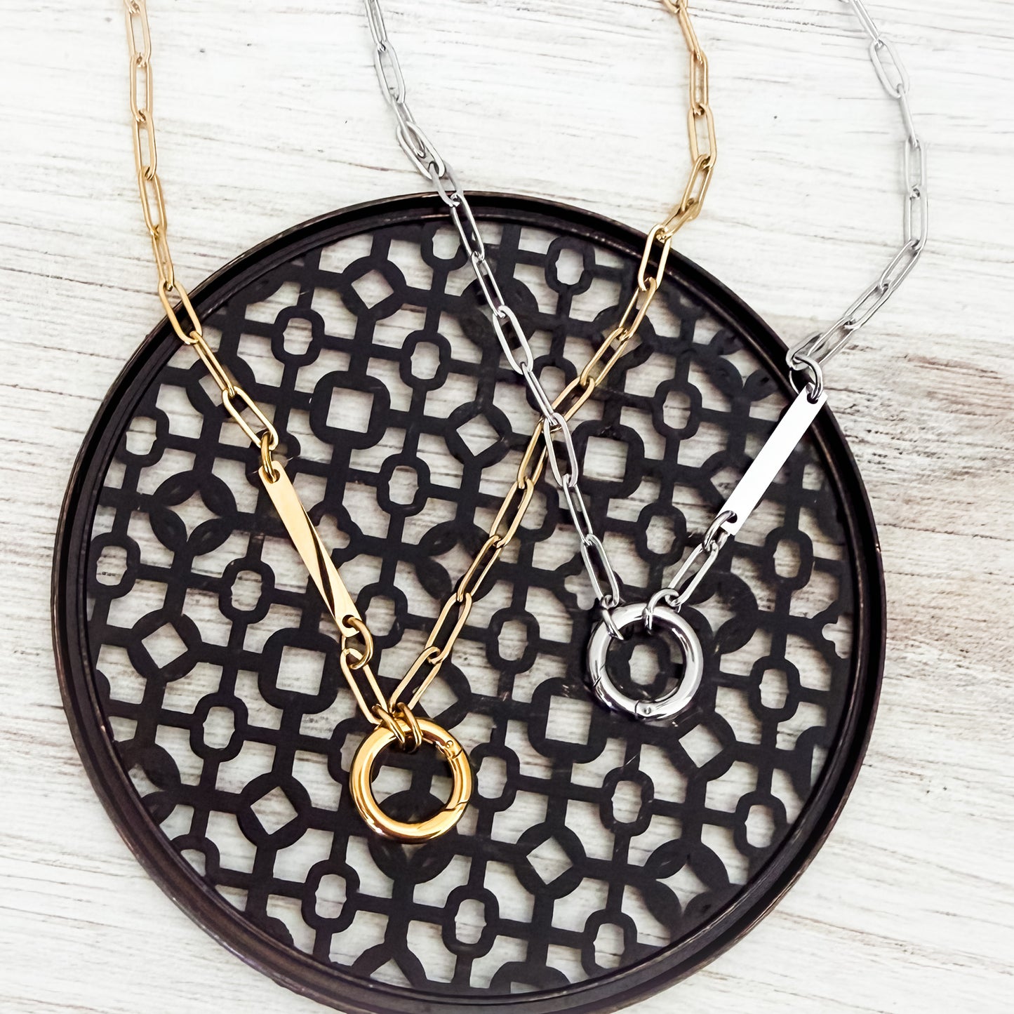 Charm Holder with Bar Paperclip Chain Necklace (Silver or Gold), 1 Total, Metal Blank #241