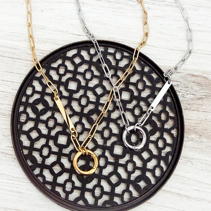 Charm Holder with Bar Paperclip Chain Necklace (Silver or Gold), 1 Total, Metal Blank #241