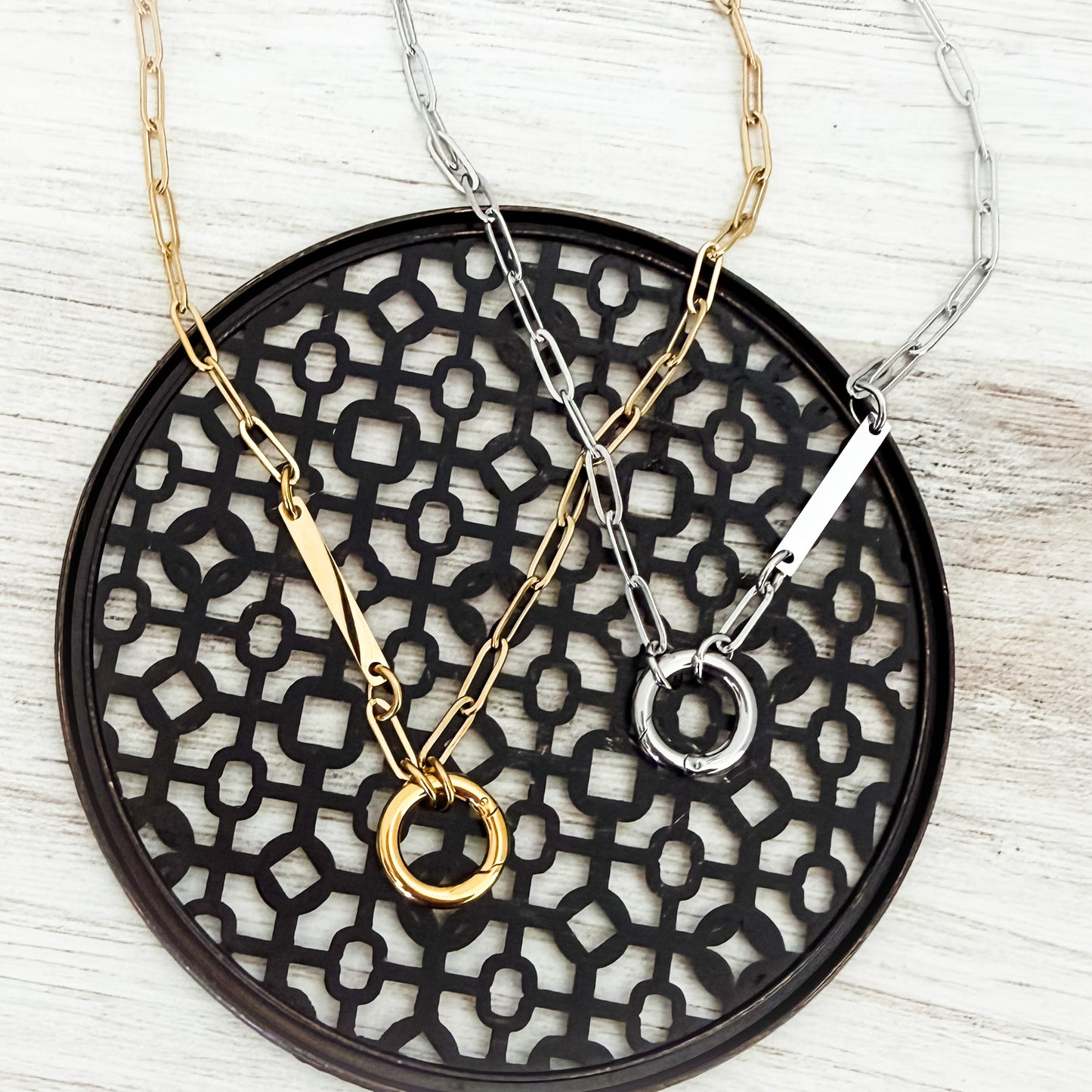 Charm Holder with Bar Paperclip Chain Necklace (Silver or Gold), 1 Total, Metal Blank #241