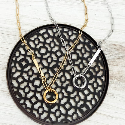 Charm Holder with Bar Paperclip Chain Necklace (Silver or Gold), 1 Total, Metal Blank #241