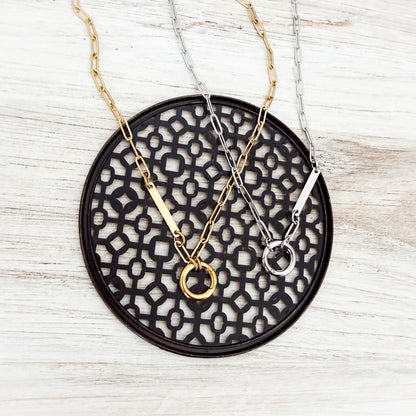 Charm Holder with Bar Paperclip Chain Necklace (Silver or Gold), 1 Total, Metal Blank #241