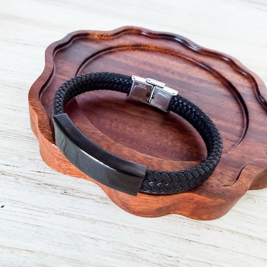 Black Woven Cord Men's Bracelet, 1 Total, Metal Blank #256