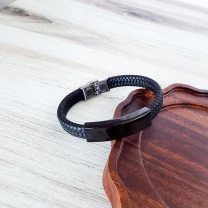 Black Woven Cord Men's Bracelet, 1 Total, Metal Blank #256