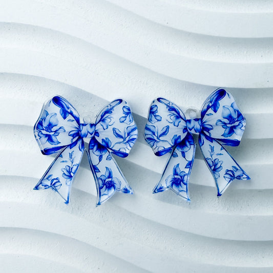 Petite Chinoiserie Floral Bow Earring Blank (1 Pair), Acrylic Print & Cut, Laser Blank #73