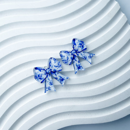 Petite Chinoiserie Floral Bow Earring Blank (1 Pair), Acrylic Print & Cut, Laser Blank #73
