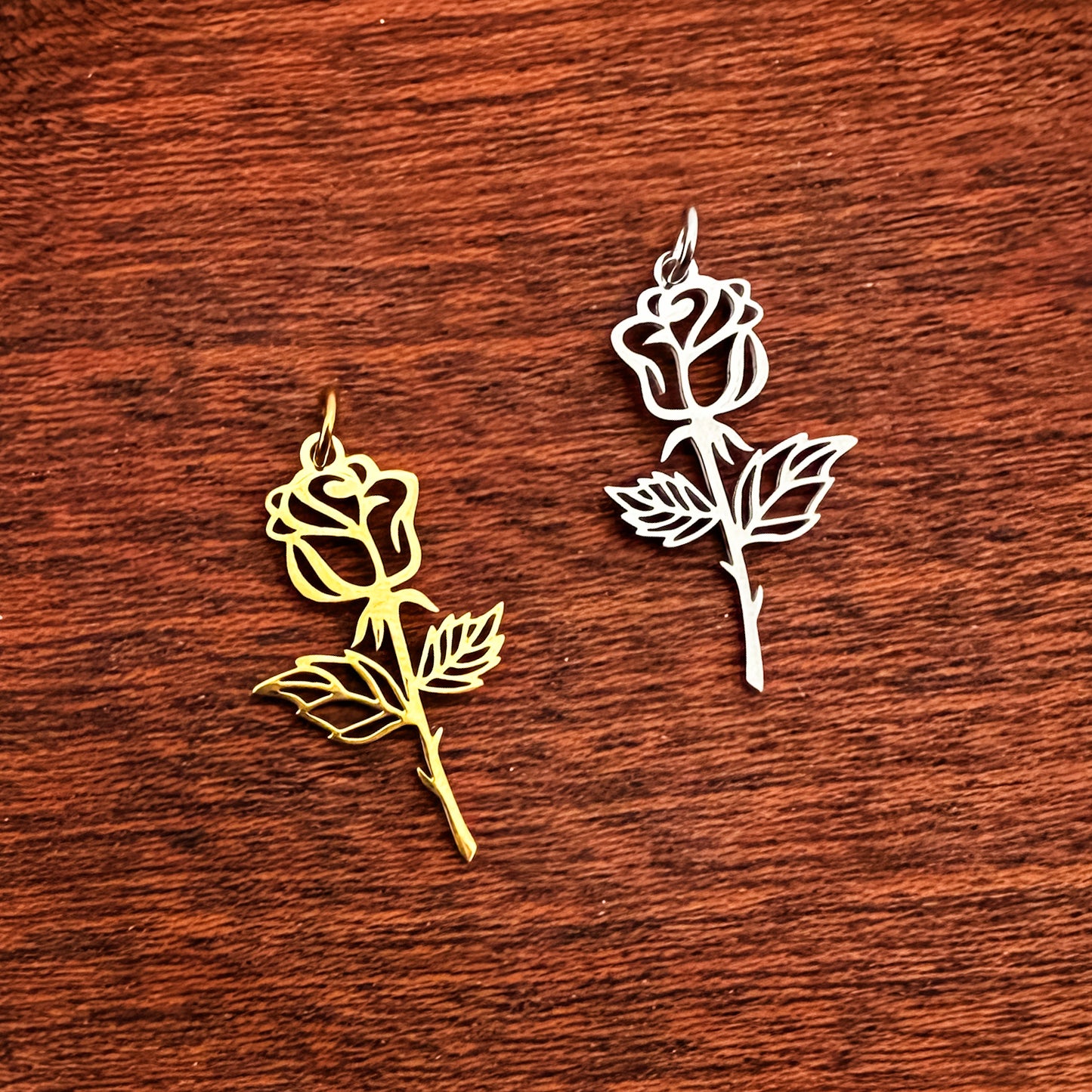 Filigree Rose Pendants with Attached Jump Rings (Silver or Gold), 5 Total, Metal Blank #267