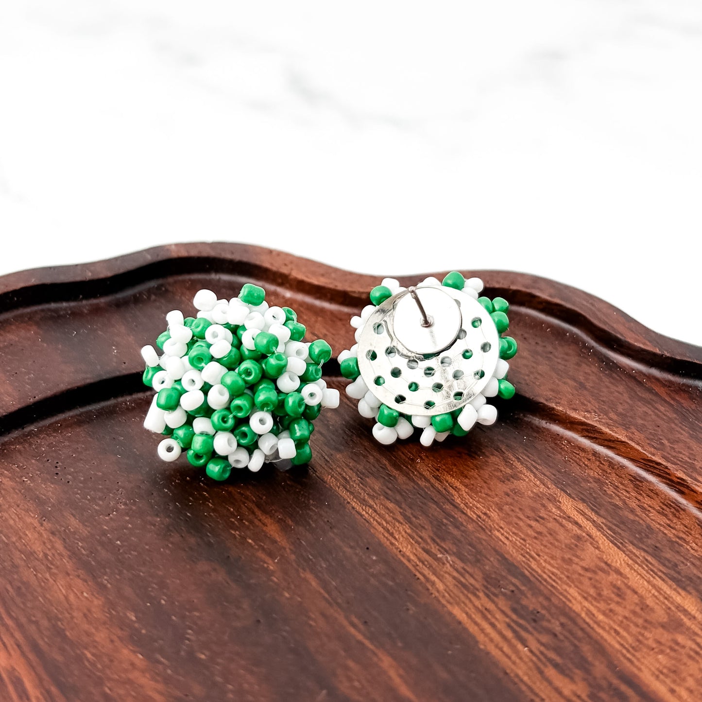 Jade Green and White Mix 15mm Small Seed Bead Topper, 1 Pair, Seed Bead #86