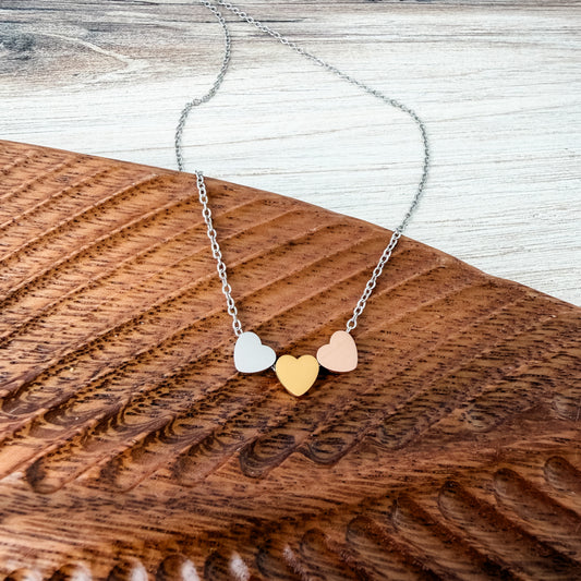 Mixed Metal Heart Trio Necklace (Silver), 1 Total, Metal Blank #302