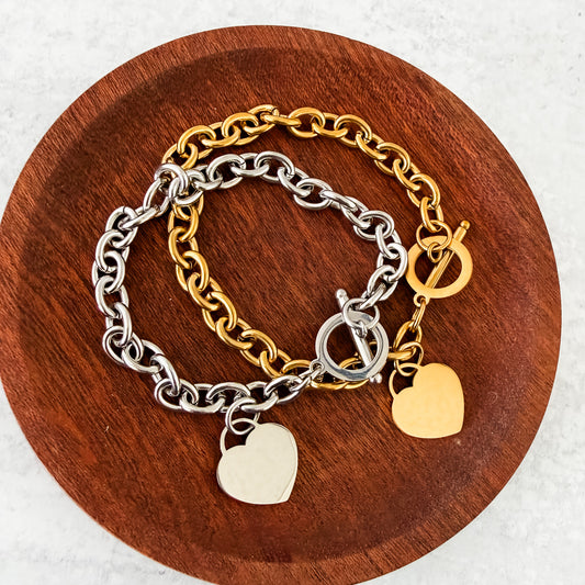 Heart Toggle Oval Link Bracelet (Silver or Gold), 1 Total, Metal Blank #276
