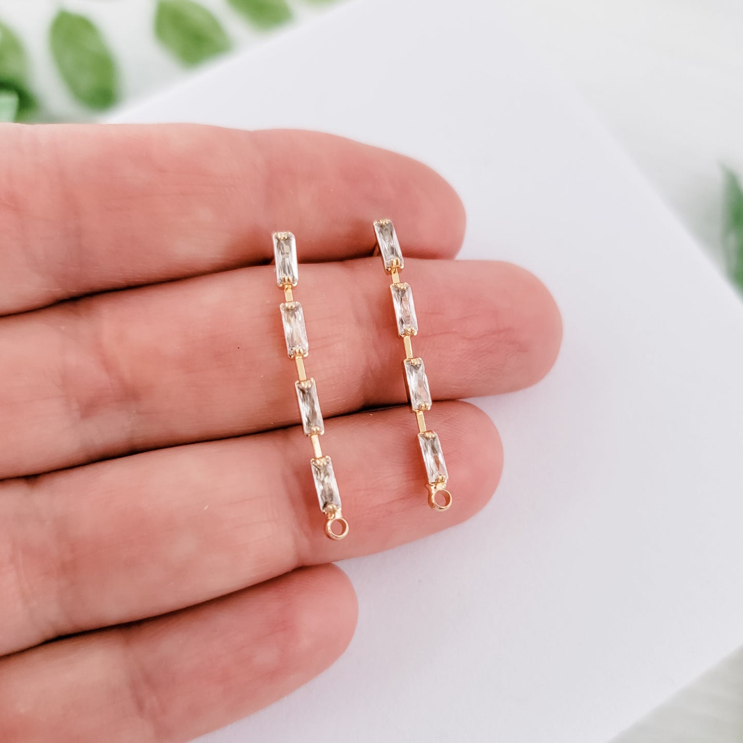 Gold Baguette Cubic Zirconia Cascade Studs with Loops (CZ), 10 Pieces