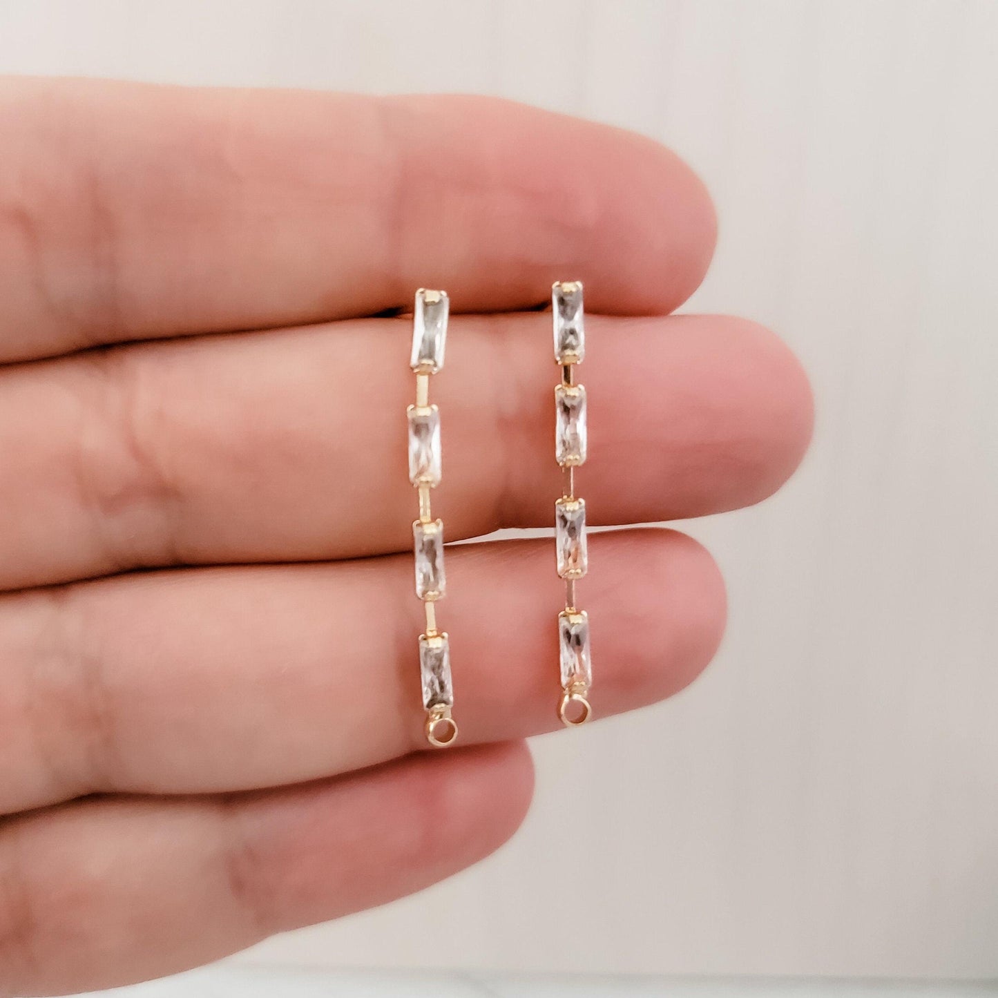 Gold Baguette Cubic Zirconia Cascade Studs with Loops (CZ), 10 Pieces