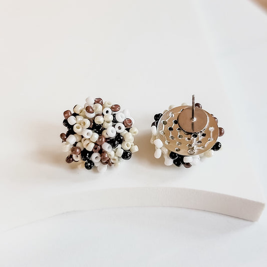 NEW - NEUTRAL MIX (White, Cream, Brown, and Black) 15mm Small Seed Bead Topper, 1 Pair, All Stainless Steel Stud, Leopard Animal Print