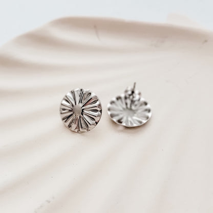 SILVER Starburst Circle Stud Connectors (17 mm), Round Wood Post Earring Connector, One Hole Circle Stainless Steel Post Finding