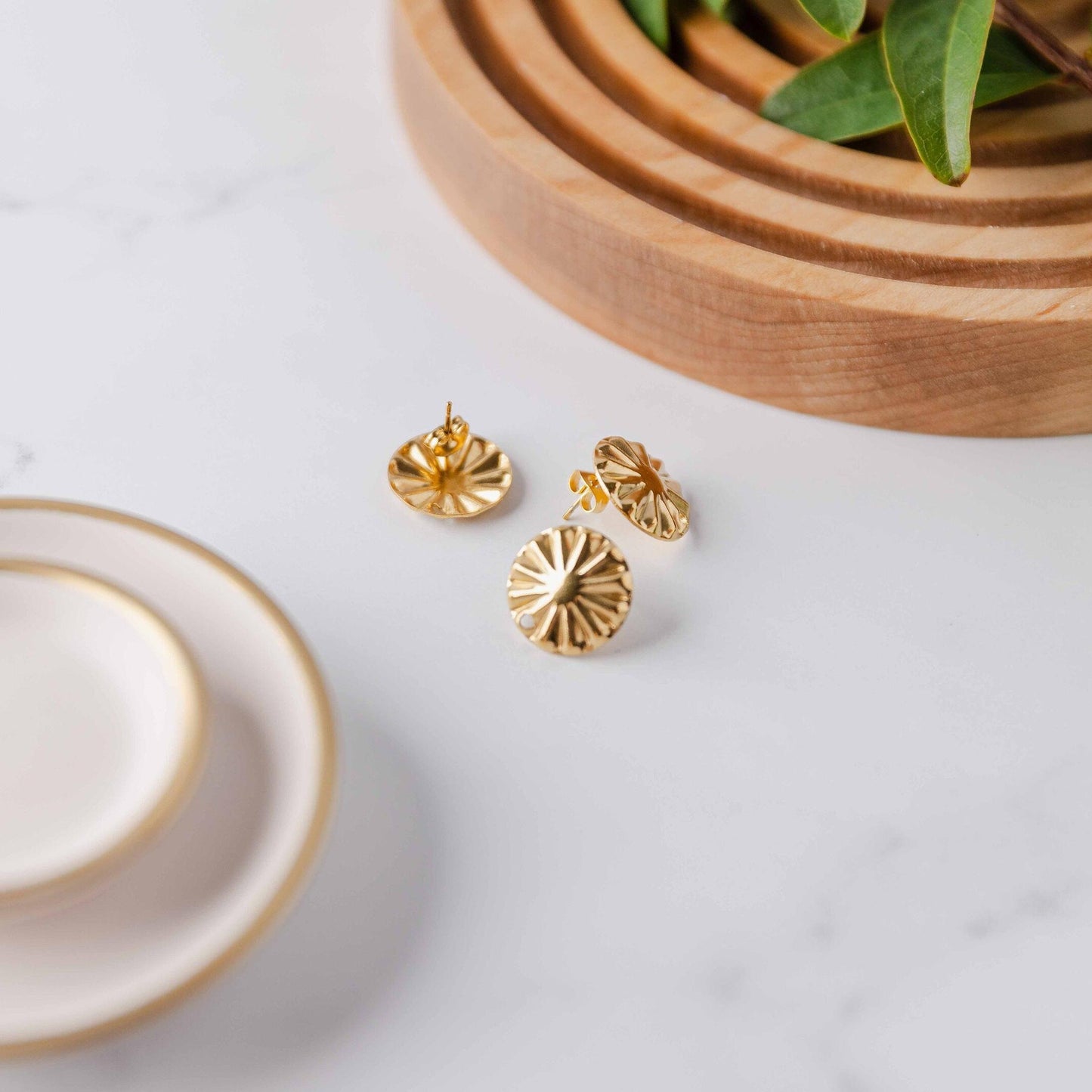GOLD Starburst Circle Stud Connectors (17 mm), Round Wood Post Earring Connector, One Hole Circle Stainless Steel Post Finding