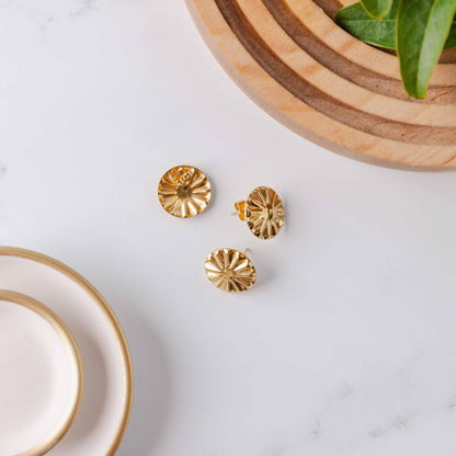 GOLD Starburst Circle Stud Connectors (17 mm), Round Wood Post Earring Connector, One Hole Circle Stainless Steel Post Finding
