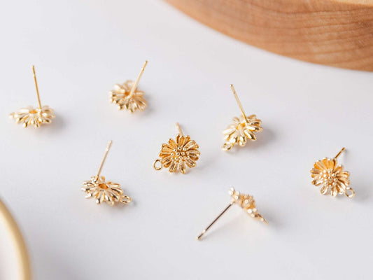 Gold Sunflower 12mm Stud Earring Findings, 10 Pieces
