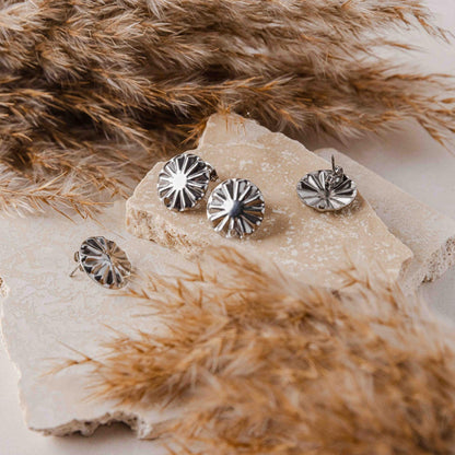 SILVER Starburst Circle Stud Connectors (17 mm), Round Wood Post Earring Connector, One Hole Circle Stainless Steel Post Finding