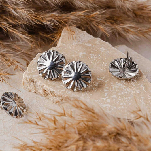 SILVER Starburst Circle Stud Connectors (17 mm), Round Wood Post Earring Connector, One Hole Circle Stainless Steel Post Finding