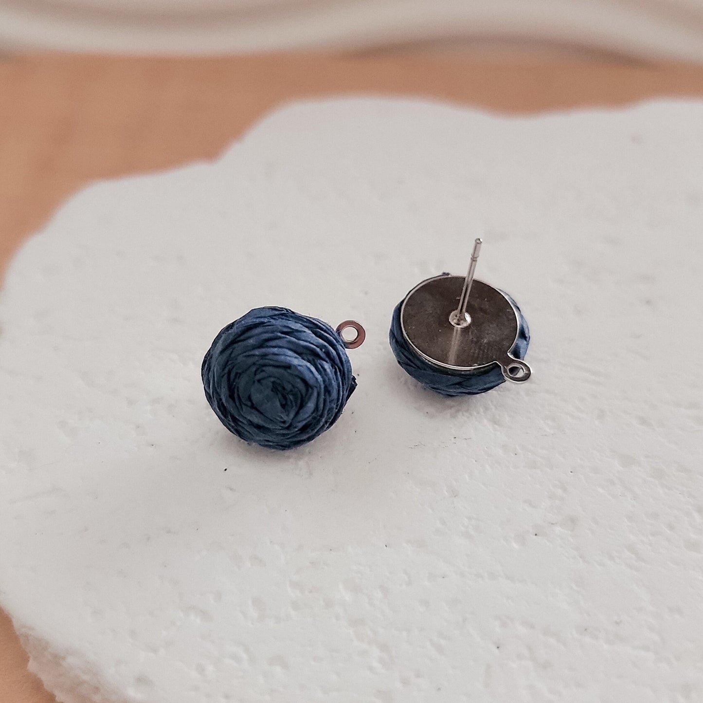 Navy Blue 14mm Raffia Small Stud Topper, 1 Pair, Stud #151