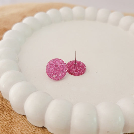 Glitter Magenta Pink Acrylic Circle Stud Earring (14mm), 10 Pieces, Acrylic Stud #36