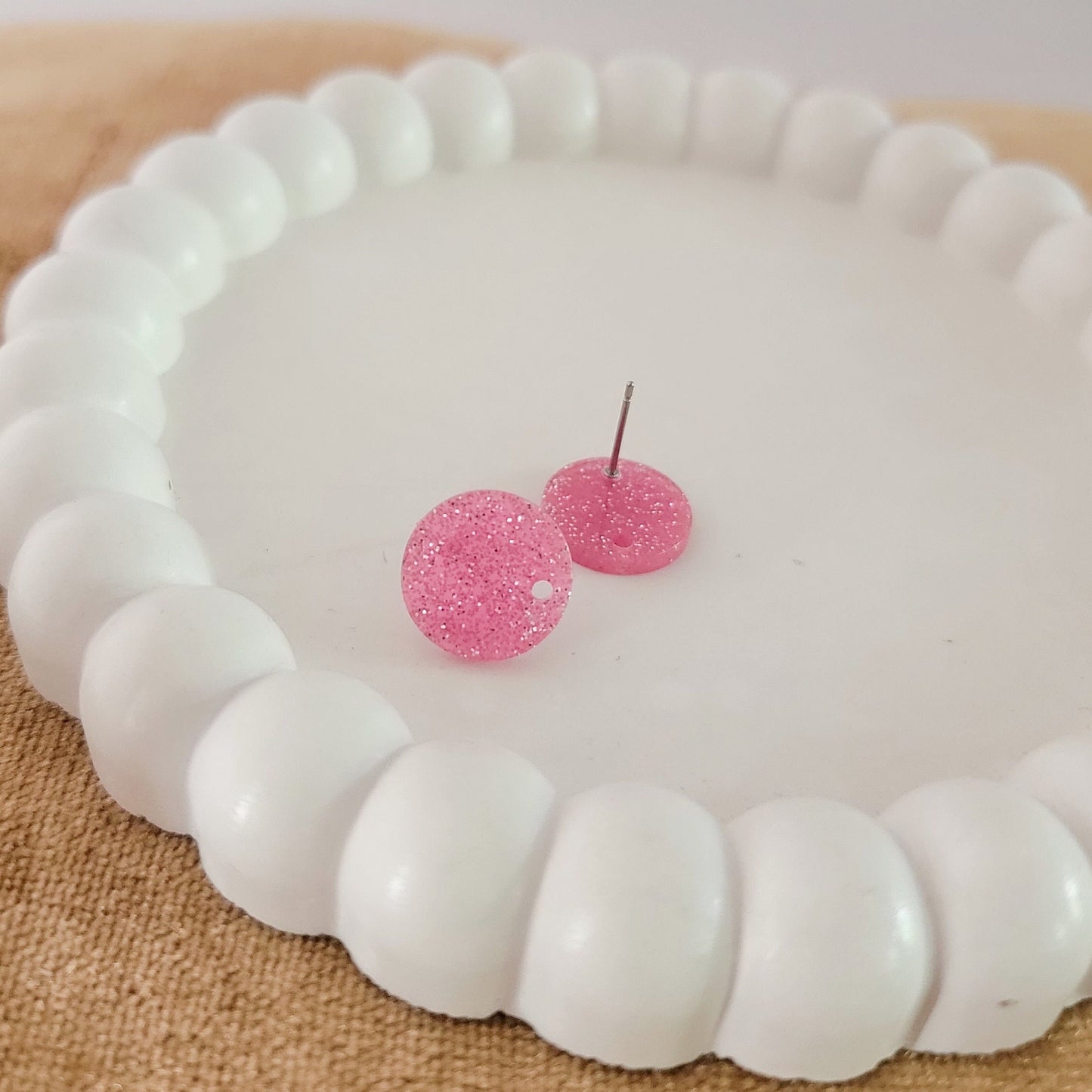 Glitter Bubblegum Pink Acrylic Circle Stud Earring (14mm), 10 Pieces, Acrylic Stud #35