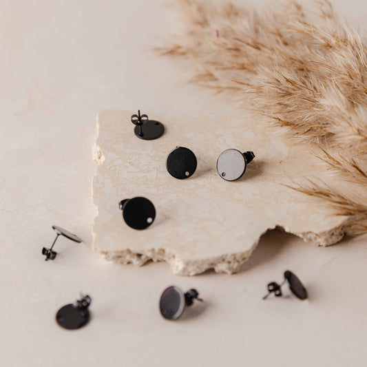 Black Flat Round Stud Findings with Holes, 10 Pieces