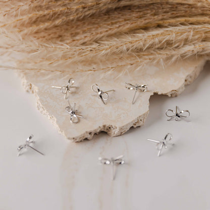 Silver Elegant Sterling Silver Bow Stud Connector, 10 Pieces, Bow #43