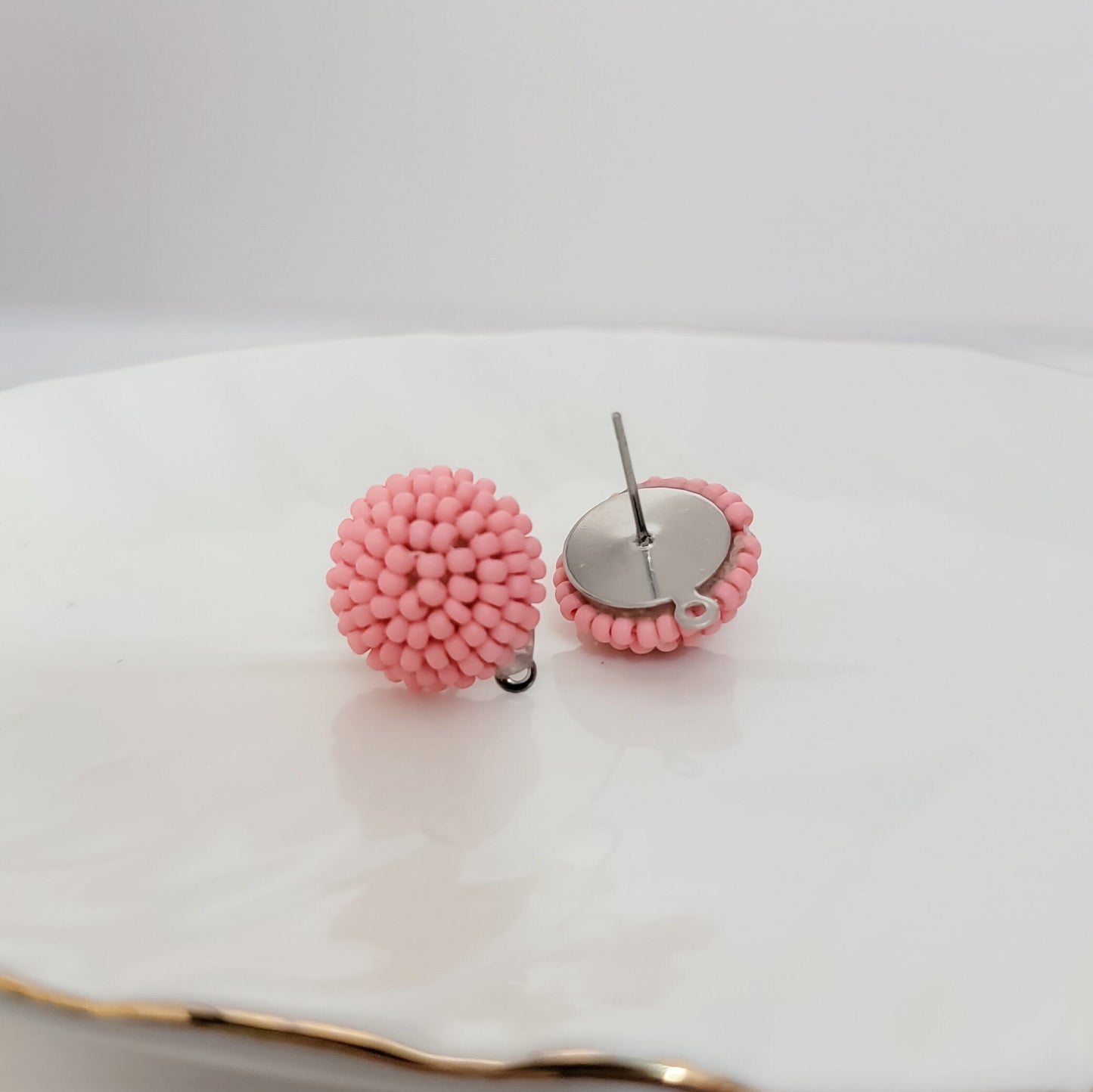Light Pink 14mm Small Round Beaded Stud Topper, 1 Pair, Stud #168