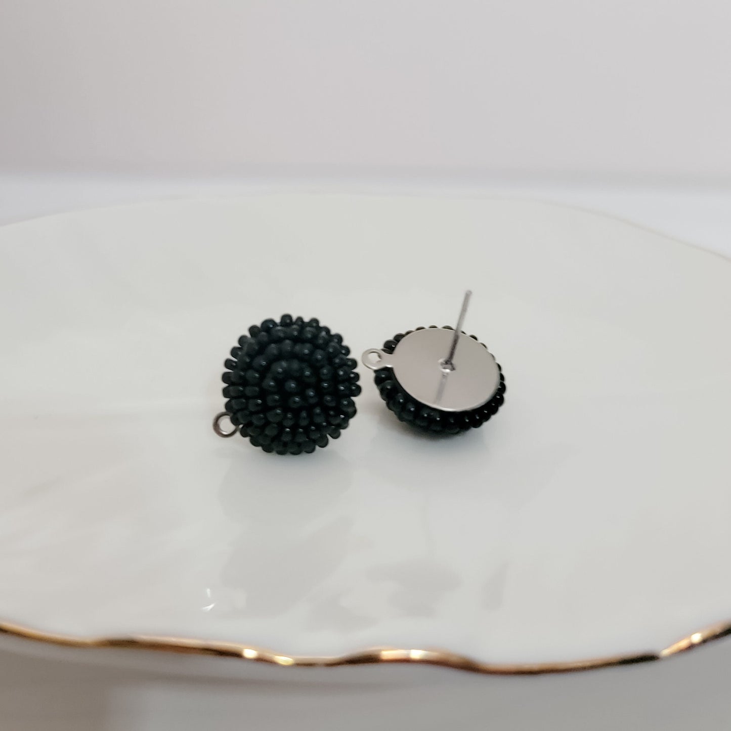 Black 14mm Small Round Beaded Stud Topper, 1 Pair, Stud #163