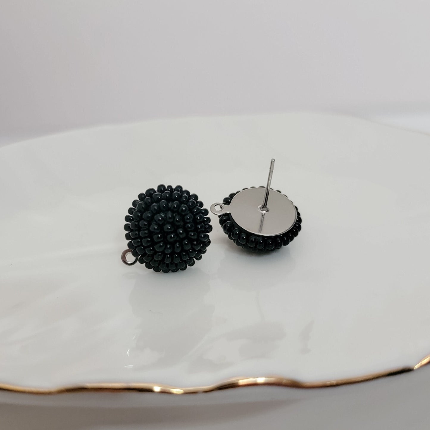 Black 14mm Small Round Beaded Stud Topper, 1 Pair, Stud #163