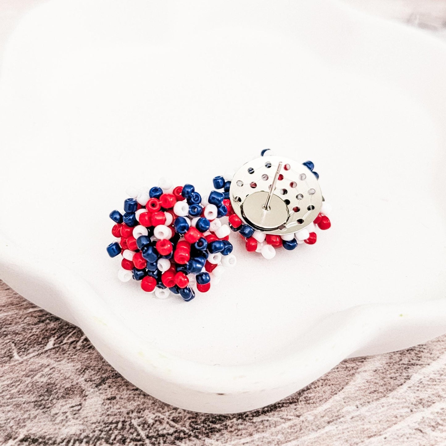 Red/White/Navy Blue Mix 15mm Small Seed Bead Topper, 1 Pair
